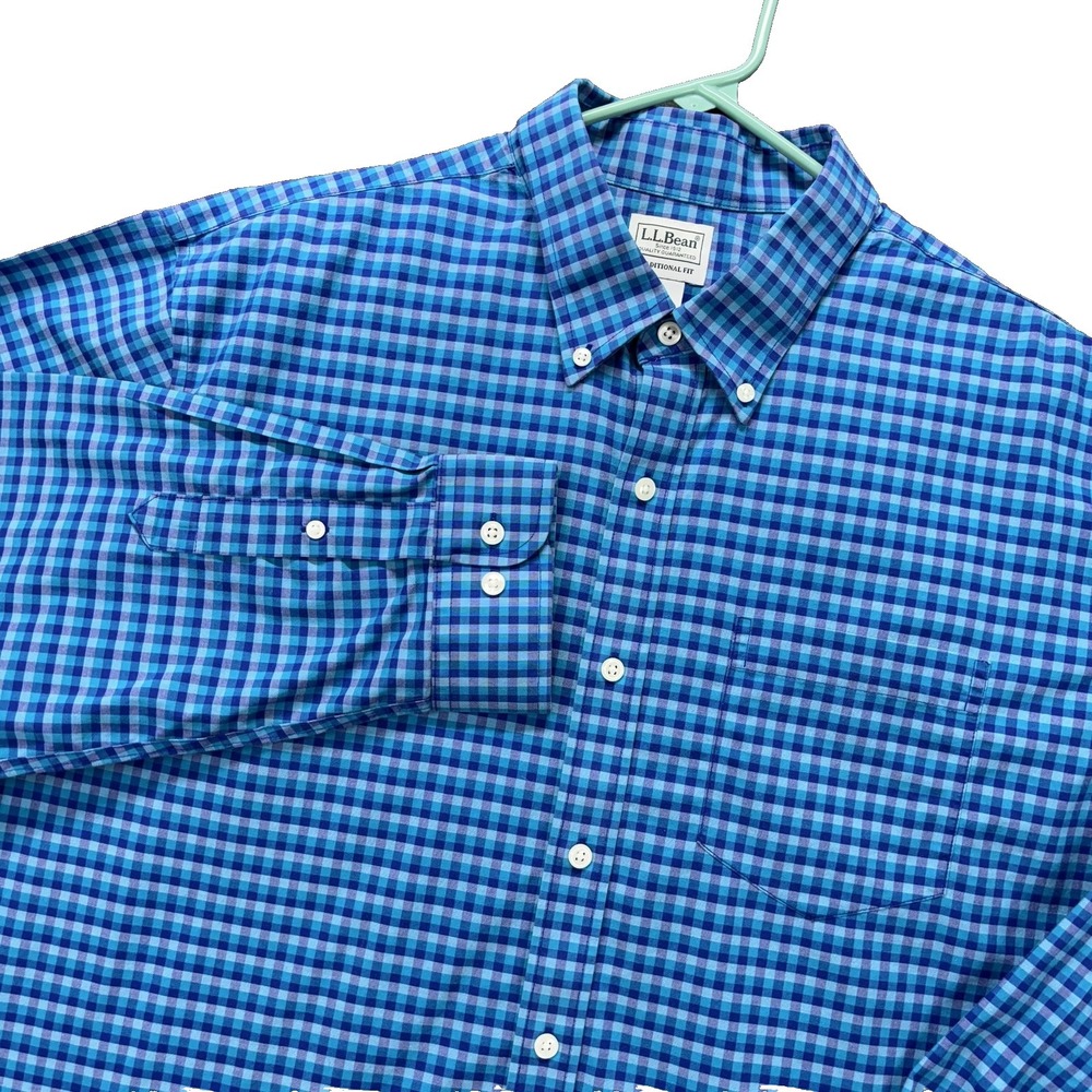 L.L. Bean Shirt Mens XLT Blue Check Long Sleeve Button Down Traditional Fit